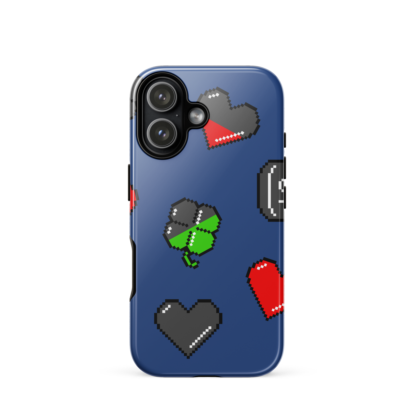 A repeating pattern made of 8-bit video game icons like hearts, four-leaf clovers, and coins. A nostalgic pixel art design inspired by classic games and retro digital culture.
