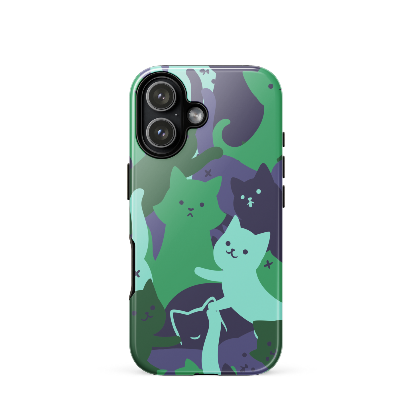 A playful pattern featuring multiple kittens in shades of green and blue, arranged to create a soft camouflage effect. This design blends cute cats with a modern pattern aesthetic, perfect for fans of fun, stylish, and whimsical art.