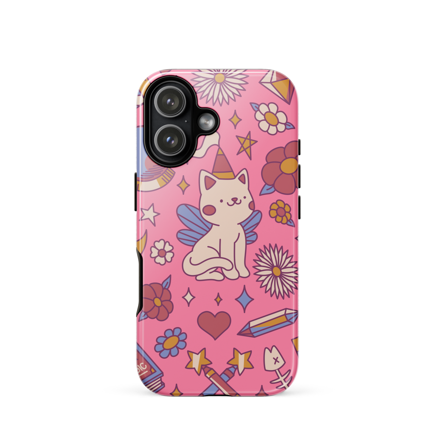 A seamless pattern featuring a magical winged kitten surrounded by crystals, flowers, tarot cards, mushrooms and other mystical elements in soft pastel tones. A playful and whimsical design with a cute, magical vibe.