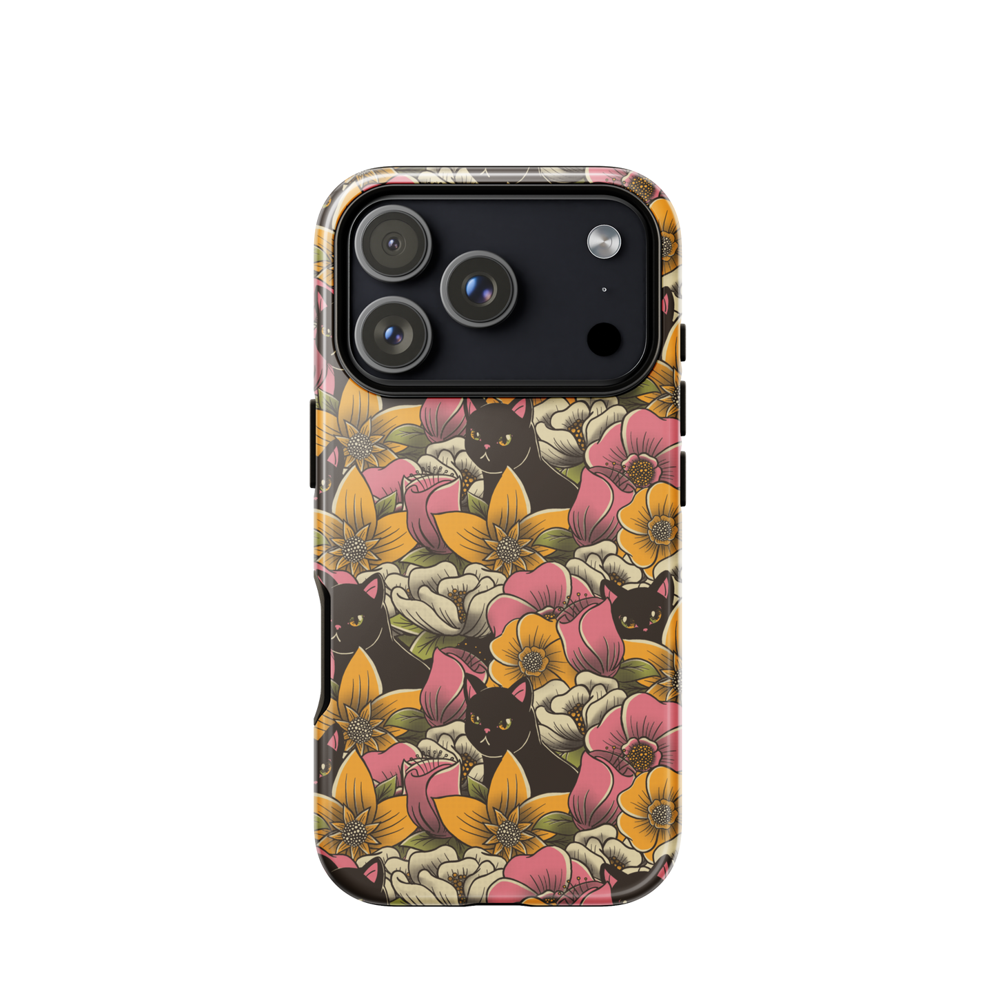 The image features a repeating pattern of colorful flowers in pink, yellow, and cream hues with lush green foliage. Interspersed among the flowers are playful black cats with bright eyes. The design has a whimsical and vibrant feel, ideal for various products like t-shirts, stickers, coffee cups, and skateboards. The style is reminiscent of traditional floral art blended with playful elements of animal decor.