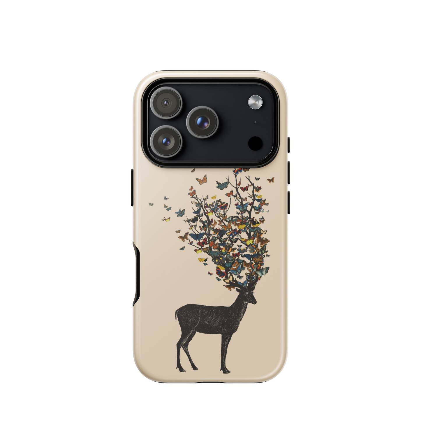 The image depicts a dark, silhouetted deer standing on a neutral background. Instead of branches, its antlers transform into a swirling cloud of vibrant, colorful butterflies that extend upwards and outward. The mix of organic and ethereal elements creates a captivating and whimsical visual contrast.