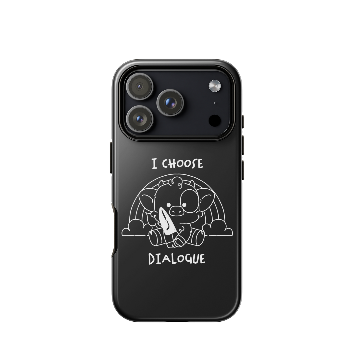 An adorable cow holds a knife while sitting in front of a rainbow, accompanied by the phrase “I Choose Dialogue.” This design combines sweetness and irony to create a fun and unexpected contrast. It’s a great gift for those who enjoy subtle humor and designs that combine cuteness with a touch of irreverence.