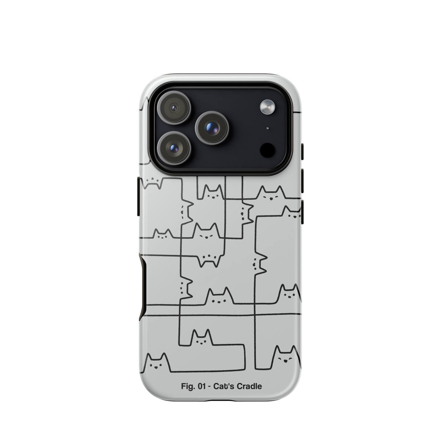 A minimalist artwork of cats drawn with simple black lines, connected as if they were part of a game of string. This design is inspired by the classic "cat's cradle," perfect for cat lovers, fans of quirky line art, and anyone who appreciates clever, lighthearted illustrations.