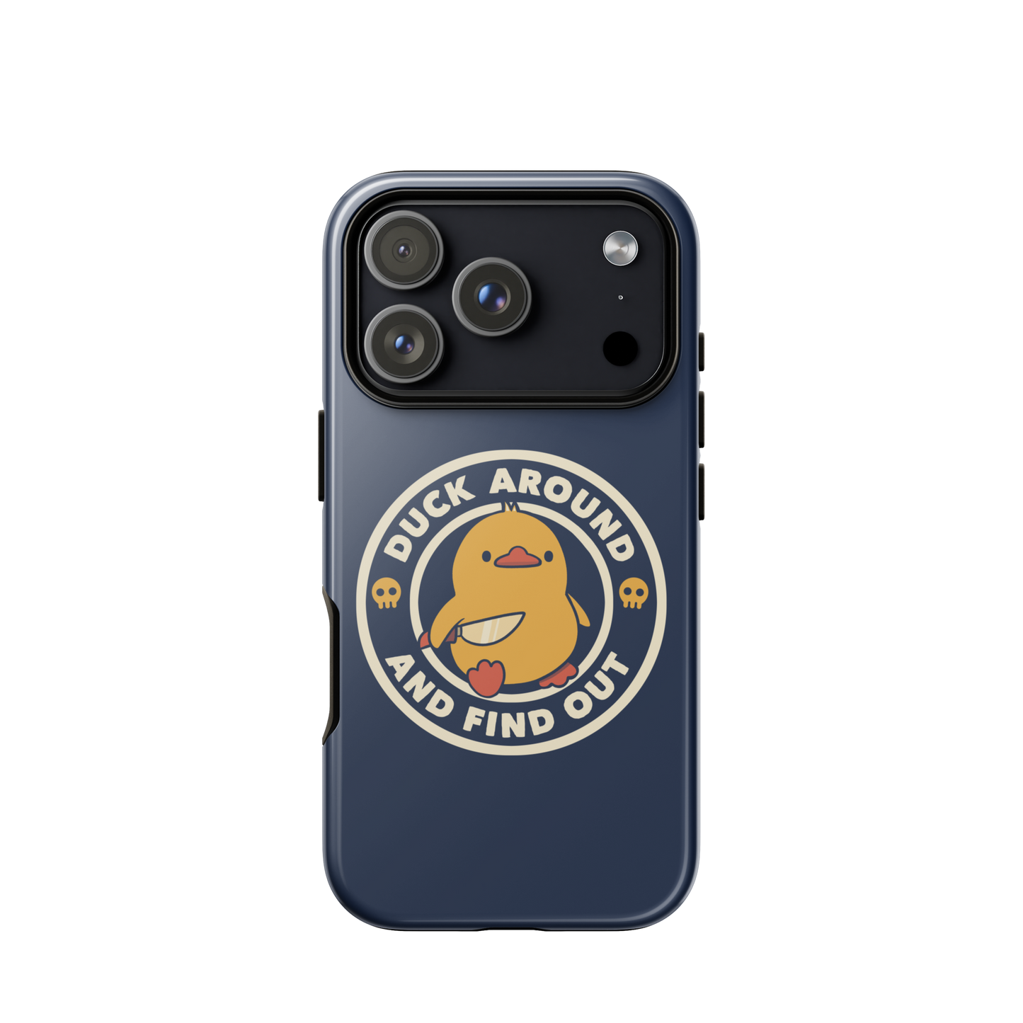 A cute yellow duck holding a small knife, around it the text "Duck Around And Find Out". An art that mixes humor with the temperament of ducks.