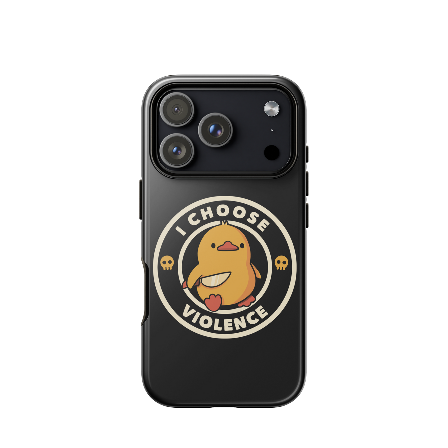 A cute, cartoon-style yellow duckling stands confidently holding a large knife in its wing. The duckling is encircled by text saying 'I CHOOSE VIOLENCE' in bold white letters. Small skull symbols flank the chick on either side, adding a touch of humor and irony to the otherwise adorable drawing.