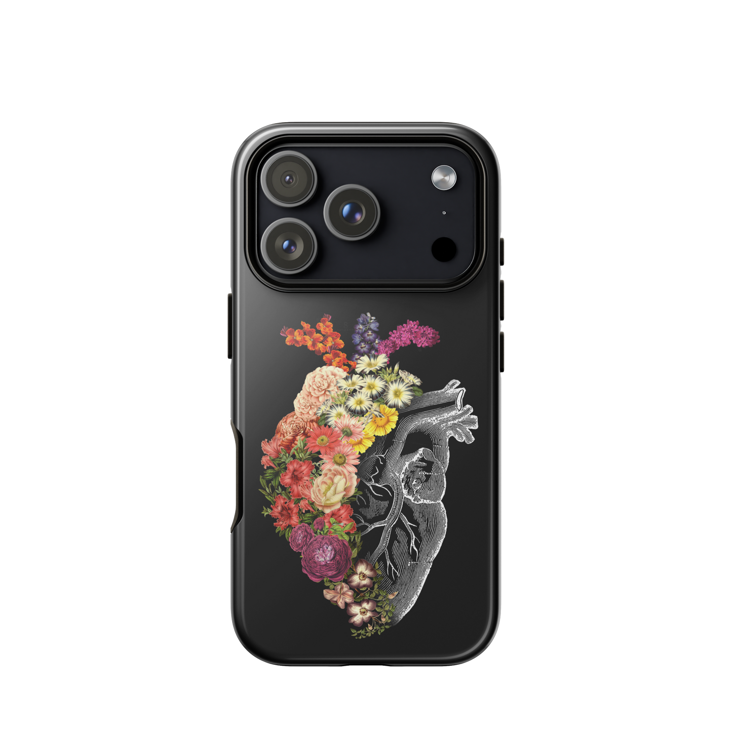 The design is an intricate and anatomical drawing of a human heart on a black background. The left side of the heart morphs into a vibrant assortment of colorful flowers, including roses, daisies, and other blooming blossoms, creating a striking contrast between the realistic and the surreal, symbolizing the harmony between nature and humanity.