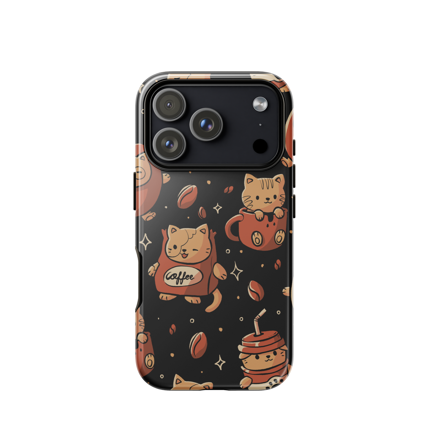 A pattern featuring several cute kittens appears in different coffee-themed versions: inside cups, as coffee beans, and on playful packaging. This artwork combines a love for cats and coffee in a charming and humorous composition. Perfect for cat lovers, coffee lovers, baristas, and anyone who enjoys cute and cozy designs.