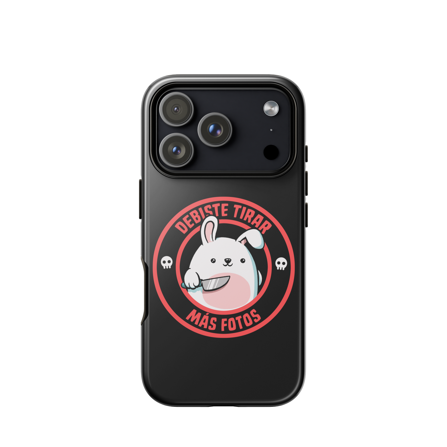 A cute white cartoon bunny with a pink belly stands holding a large kitchen knife in one paw. Surrounding the bunny is a red circular border with the words 'DEBISTE TIRAR MÁS FOTOS'. Small skull icons are on either side of the circle. The overall tone is a mix of adorable and ironic humor.