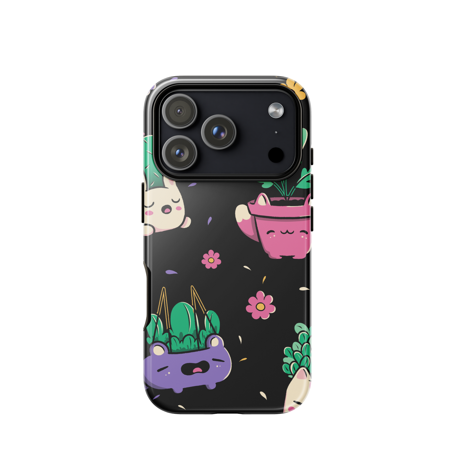 An endearing pattern featuring petite potted plants creatively shaped like adorable animals, arranged in a charming repeating composition. This enchanting design is perfect for plant enthusiasts who adore greenery and love surrounding themselves with whimsical, nature-inspired details.