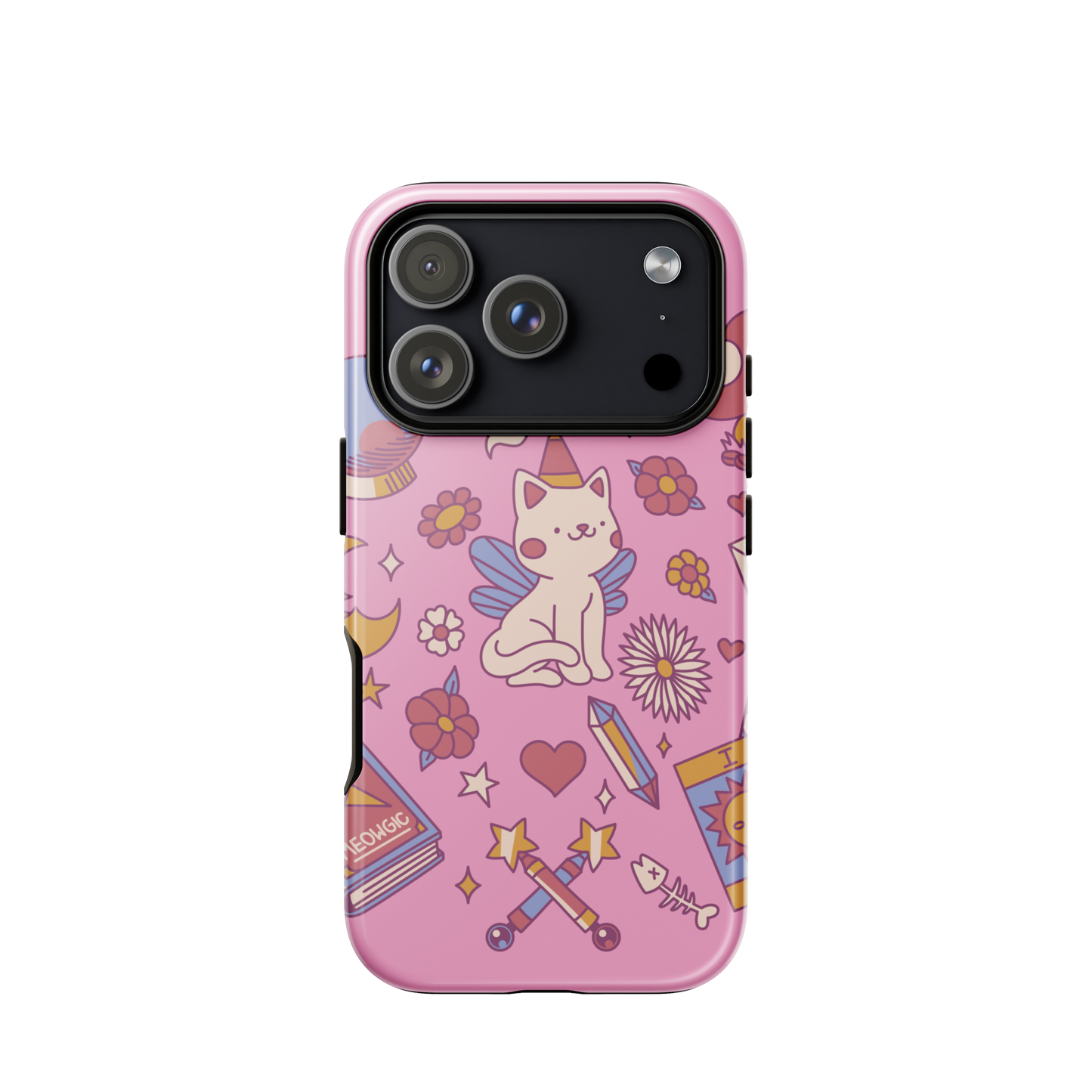 The artwork depicts a magical kitten with wings and a little hat, surrounded by crystals, flowers, tarot cards, mushrooms, and mystical elements in pastel shades. The design blends cute fantasy with colorful witchy aesthetics, creating an enchanting, lighthearted composition full of fun details. Perfect for lovers of cute mysticism, tarot, magical cats, and anyone who enjoys colorful prints with a magical vibe.