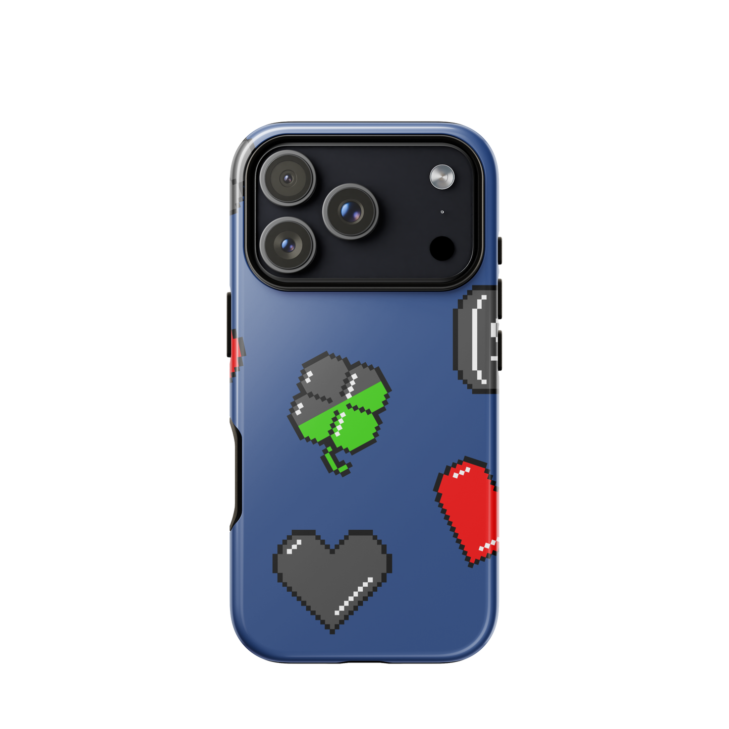 A repeating pattern made of 8-bit video game icons like hearts, four-leaf clovers, and coins. A nostalgic pixel art design inspired by classic games and retro digital culture.