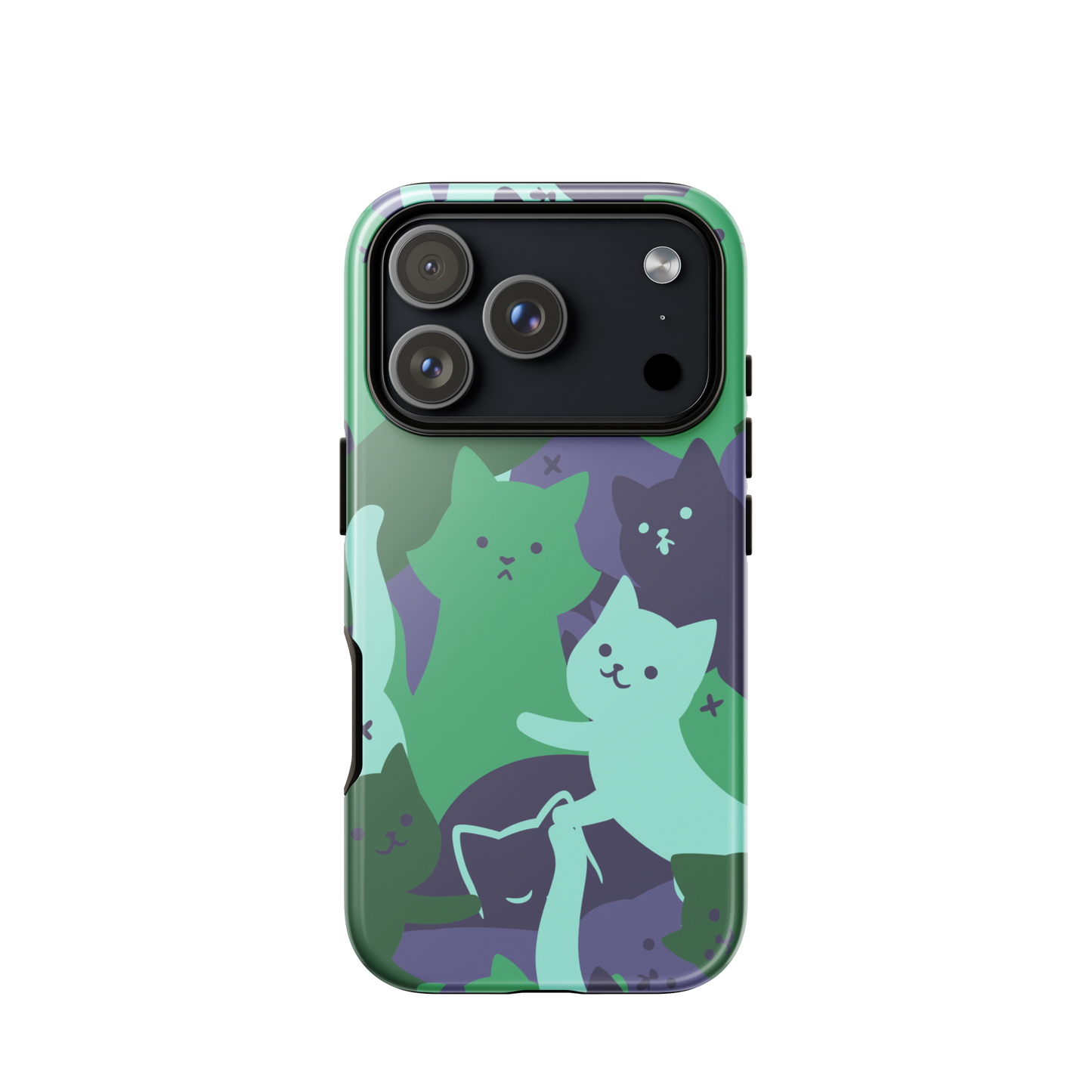A playful pattern featuring multiple kittens in shades of green and blue, arranged to create a soft camouflage effect. This design blends cute cats with a modern pattern aesthetic, perfect for fans of fun, stylish, and whimsical art.