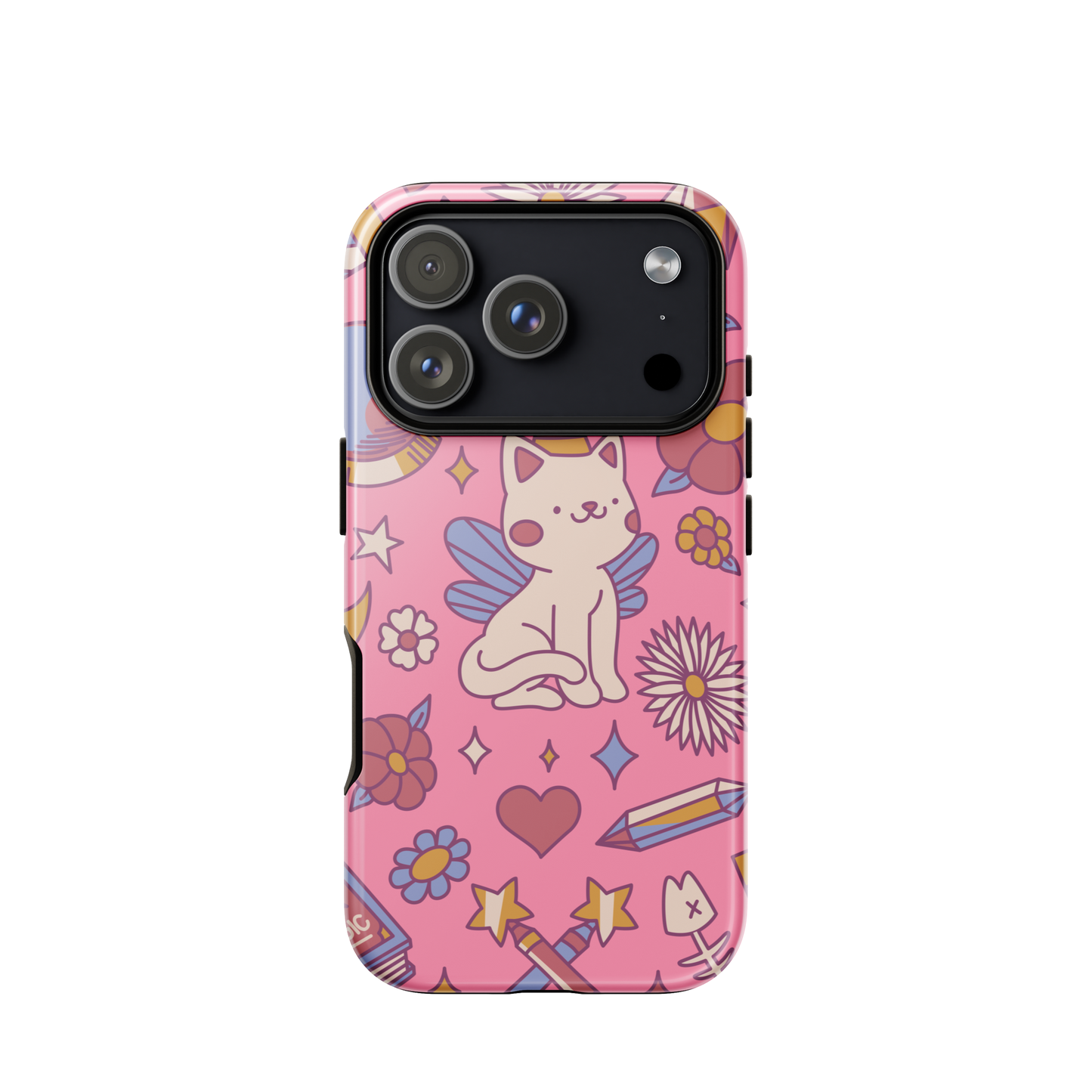 A seamless pattern featuring a magical winged kitten surrounded by crystals, flowers, tarot cards, mushrooms and other mystical elements in soft pastel tones. A playful and whimsical design with a cute, magical vibe.
