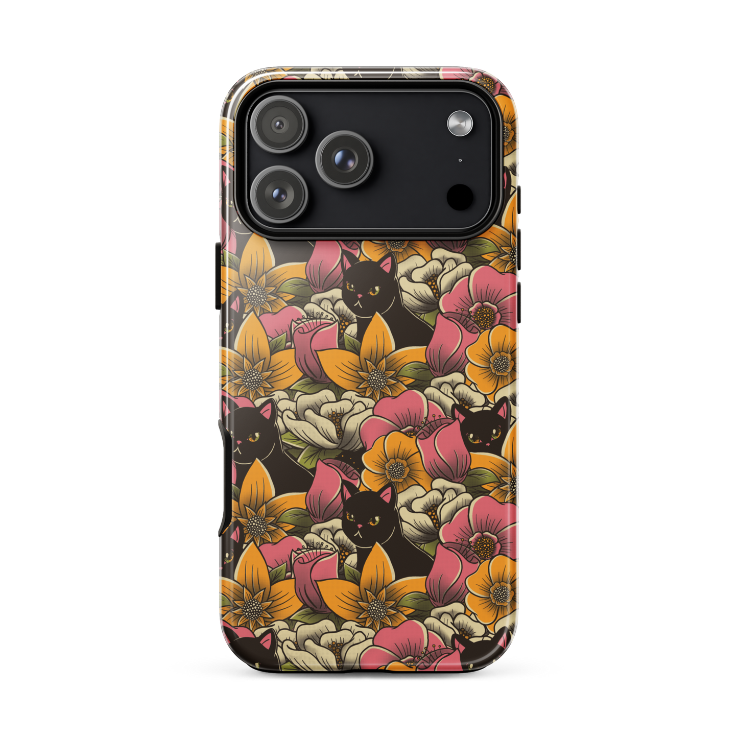 The image features a repeating pattern of colorful flowers in pink, yellow, and cream hues with lush green foliage. Interspersed among the flowers are playful black cats with bright eyes. The design has a whimsical and vibrant feel, ideal for various products like t-shirts, stickers, coffee cups, and skateboards. The style is reminiscent of traditional floral art blended with playful elements of animal decor.