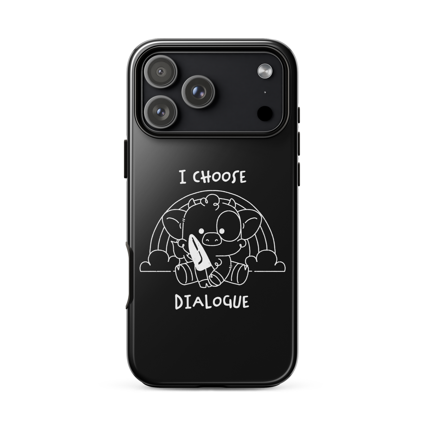 An adorable cow holds a knife while sitting in front of a rainbow, accompanied by the phrase “I Choose Dialogue.” This design combines sweetness and irony to create a fun and unexpected contrast. It’s a great gift for those who enjoy subtle humor and designs that combine cuteness with a touch of irreverence.