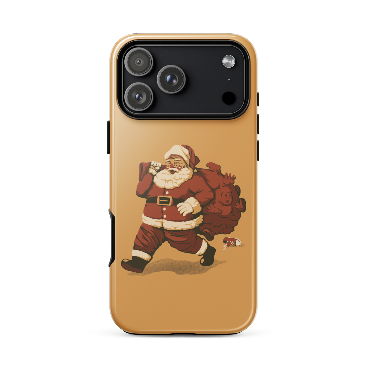 A cute Santa Claus carrying a red bag full of what appear to be gifts, but when you look closer you can see that there are several little boys. A fun art that mixes up the story that the good boys are going to get charcoal from Santa, but this time Santa is taking them.