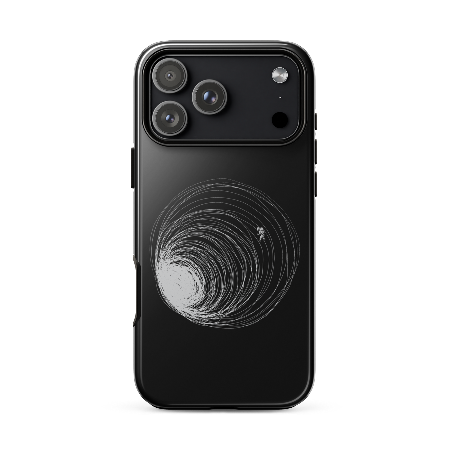 A big black hole with an astronaut floating around as if being sucked into it. A minimalist art perfect for those who love space.