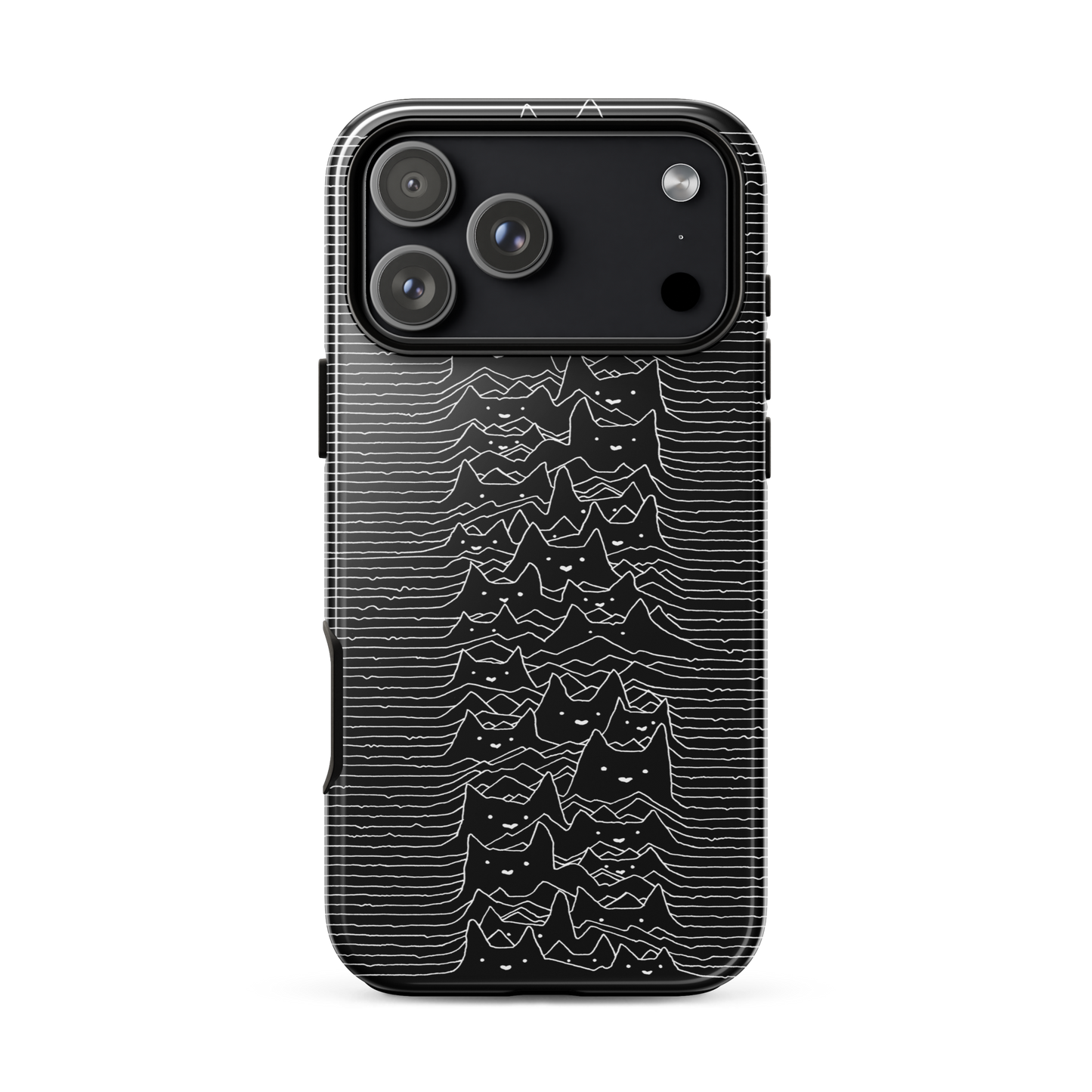 The drawing is a series of continuous wavy lines forming a pattern reminiscent of sound waves or topographic maps, but with an unexpected twist: the lines create the shapes of numerous cat faces stacked vertically. Each cat has simple, expressive features with pointed ears, adding a whimsical element to the otherwise structured pattern.