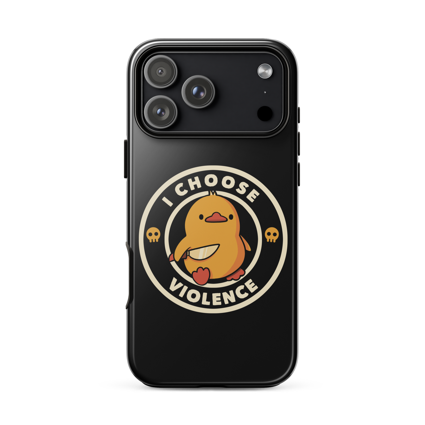 A cute, cartoon-style yellow duckling stands confidently holding a large knife in its wing. The duckling is encircled by text saying 'I CHOOSE VIOLENCE' in bold white letters. Small skull symbols flank the chick on either side, adding a touch of humor and irony to the otherwise adorable drawing.