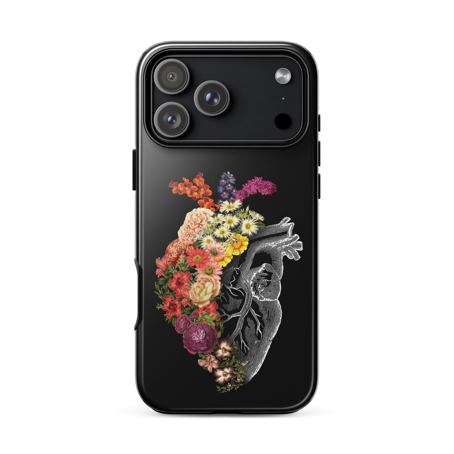 The design is an intricate and anatomical drawing of a human heart on a black background. The left side of the heart morphs into a vibrant assortment of colorful flowers, including roses, daisies, and other blooming blossoms, creating a striking contrast between the realistic and the surreal, symbolizing the harmony between nature and humanity.