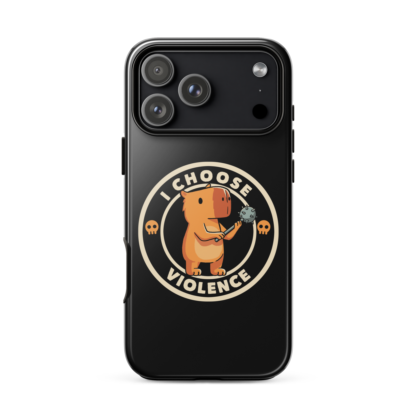 A cute, cartoonish burnt yellow capybara stands holding a spiked mace with a determined expression. Surrounding it is a circular design with the text 'I CHOOSE VIOLENCE' and two small skulls on either side, giving it a humorous yet ironic tone.