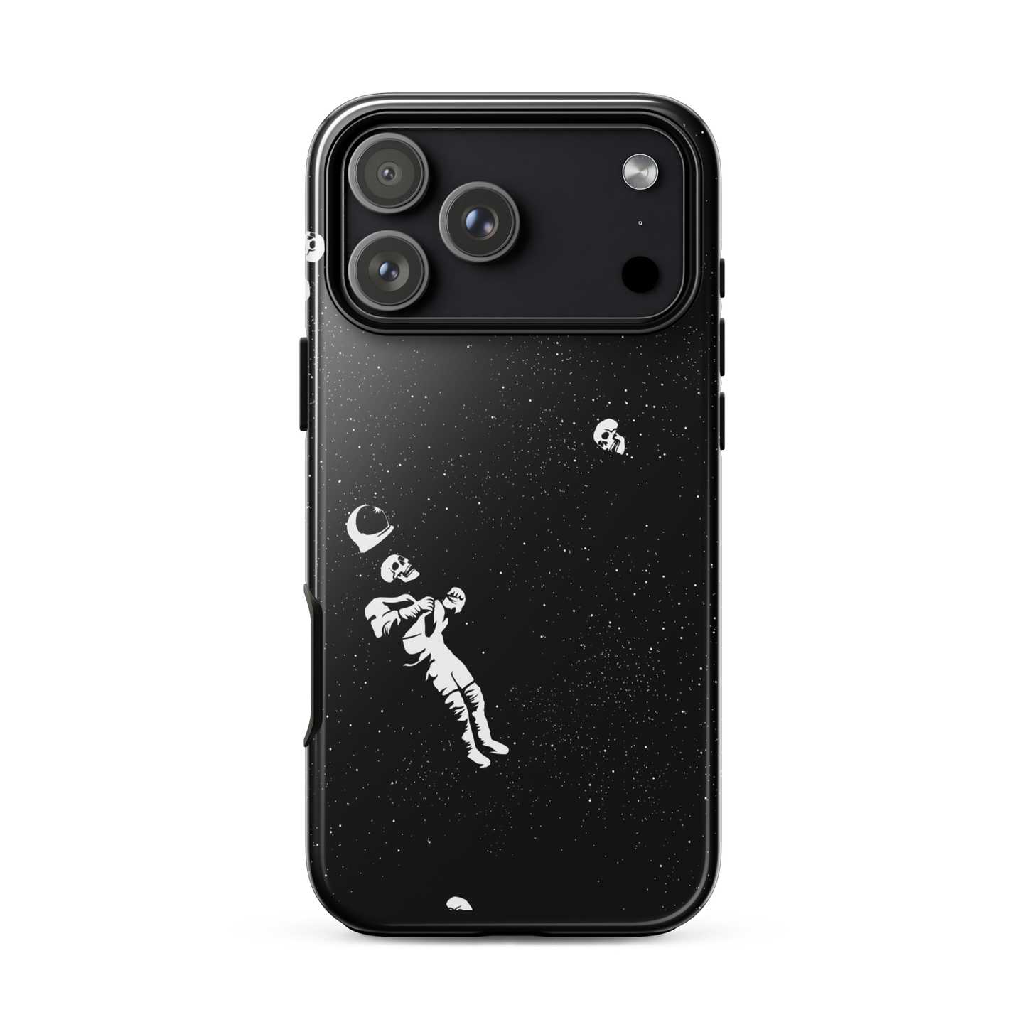 This image features a white astronaut figures floating in a dark, starry space background. The astronaut is surrounded by small celestial bodies and crescent moons, giving a sense of drifting through the cosmos. The design is intricate and has a whimsical, dreamy quality, with a vintage-inspired look, evoking a sense of exploration and wonder.