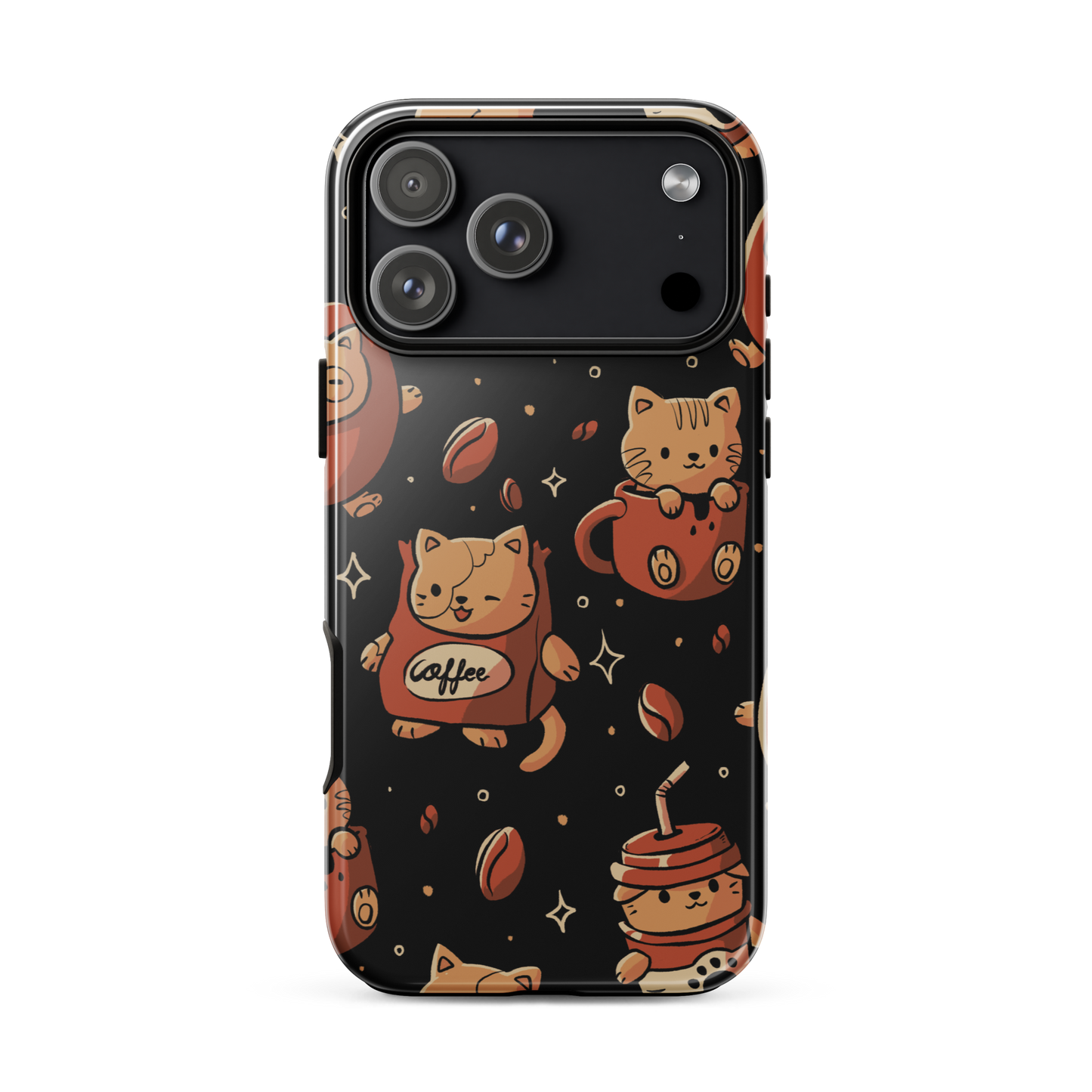A pattern featuring several cute kittens appears in different coffee-themed versions: inside cups, as coffee beans, and on playful packaging. This artwork combines a love for cats and coffee in a charming and humorous composition. Perfect for cat lovers, coffee lovers, baristas, and anyone who enjoys cute and cozy designs.