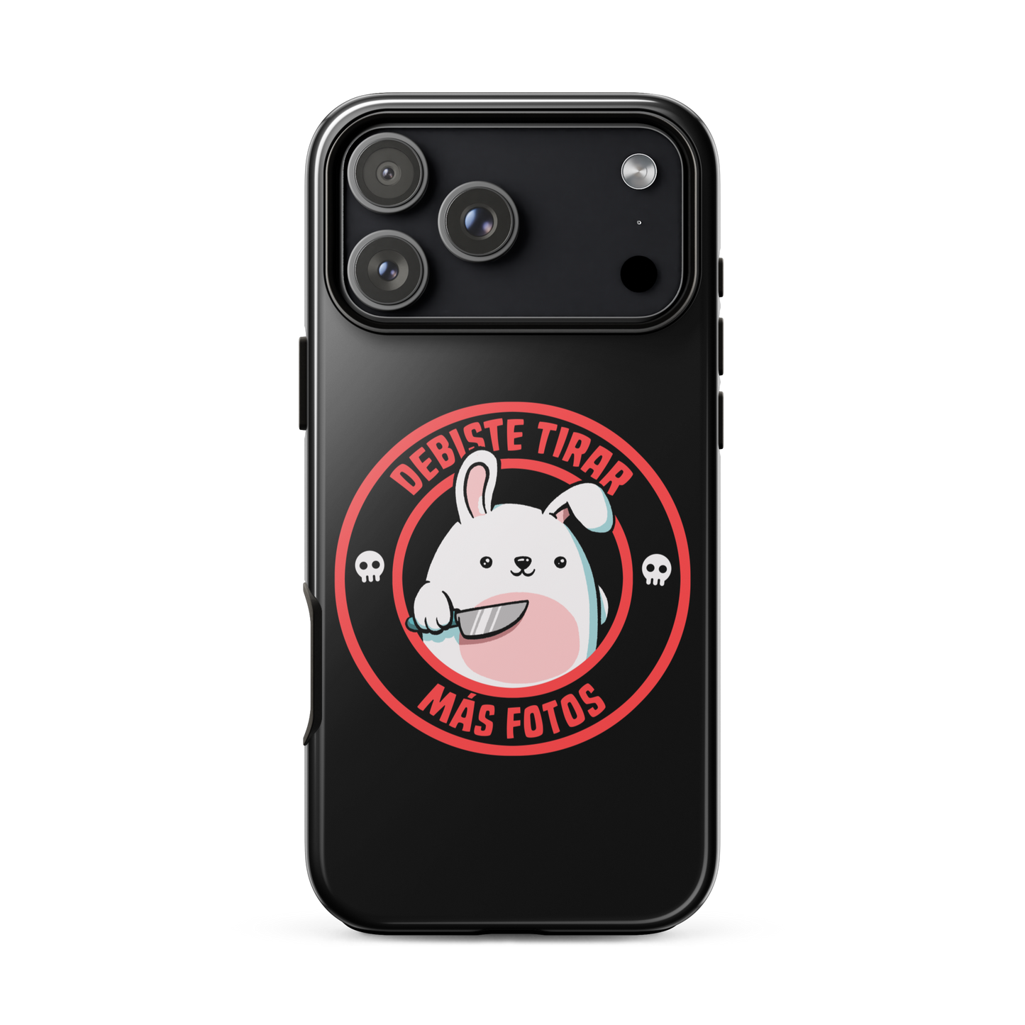 A cute white cartoon bunny with a pink belly stands holding a large kitchen knife in one paw. Surrounding the bunny is a red circular border with the words 'DEBISTE TIRAR MÁS FOTOS'. Small skull icons are on either side of the circle. The overall tone is a mix of adorable and ironic humor.