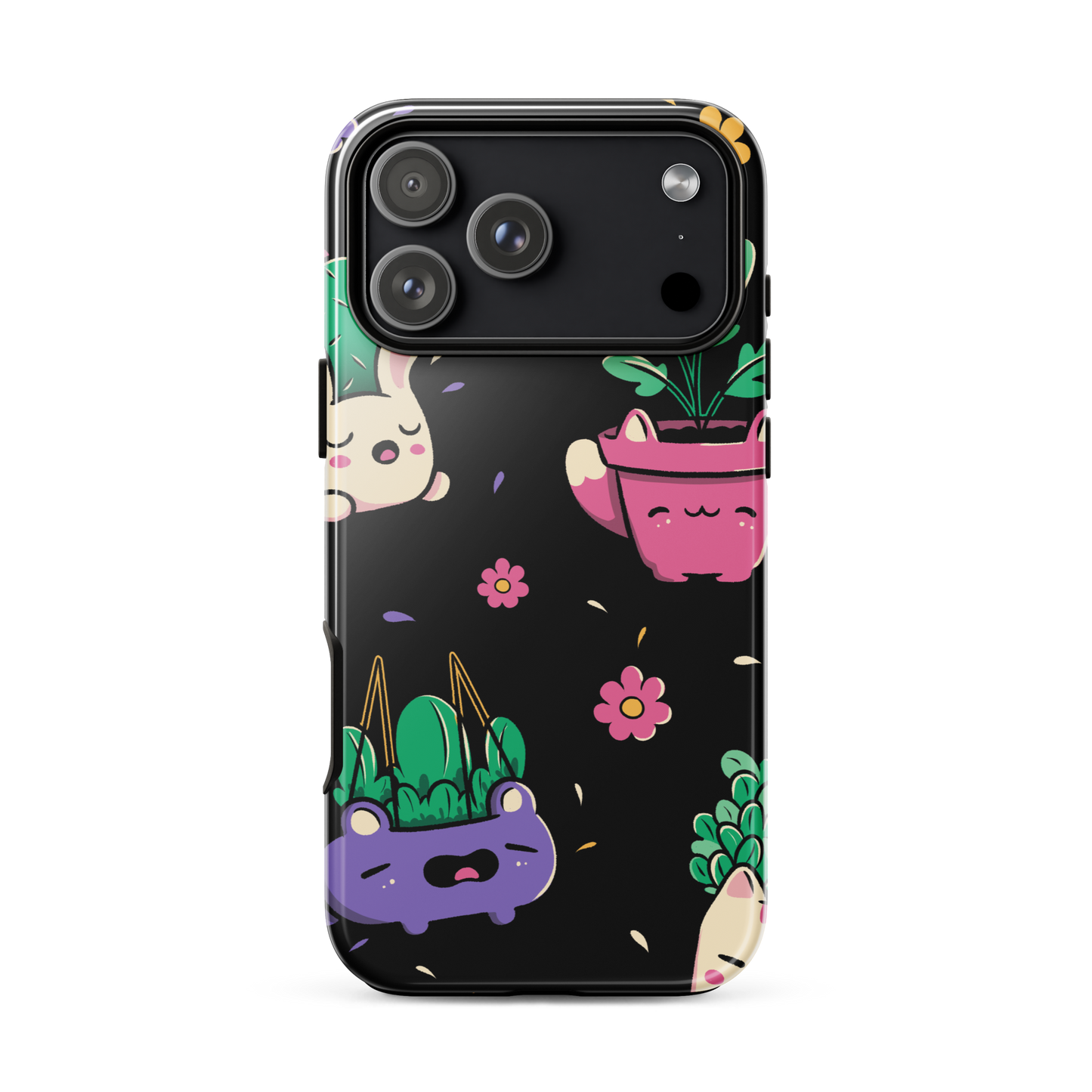 An endearing pattern featuring petite potted plants creatively shaped like adorable animals, arranged in a charming repeating composition. This enchanting design is perfect for plant enthusiasts who adore greenery and love surrounding themselves with whimsical, nature-inspired details.