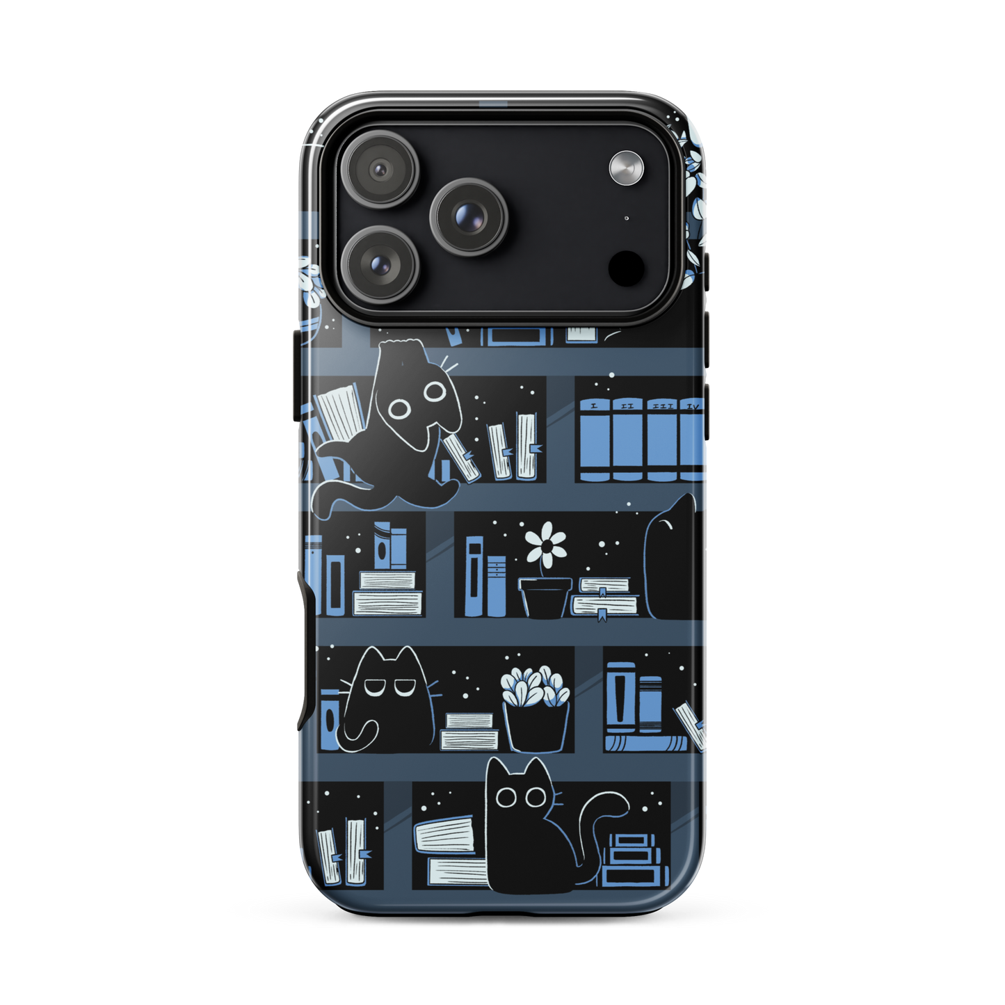 A pattern designed to resemble one large bookshelf filled with books, plants and playful little black kittens tucked between the shelves. An artwork in shades of black and blue, perfect for those who love cats, books and plants.