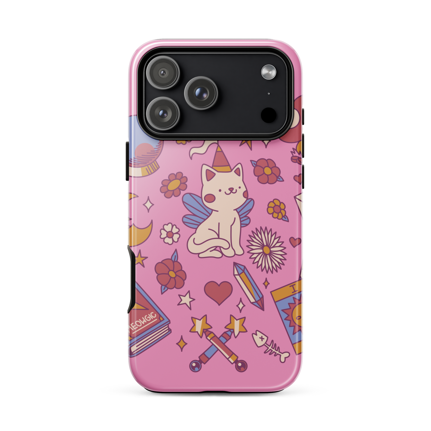 The artwork depicts a magical kitten with wings and a little hat, surrounded by crystals, flowers, tarot cards, mushrooms, and mystical elements in pastel shades. The design blends cute fantasy with colorful witchy aesthetics, creating an enchanting, lighthearted composition full of fun details. Perfect for lovers of cute mysticism, tarot, magical cats, and anyone who enjoys colorful prints with a magical vibe.