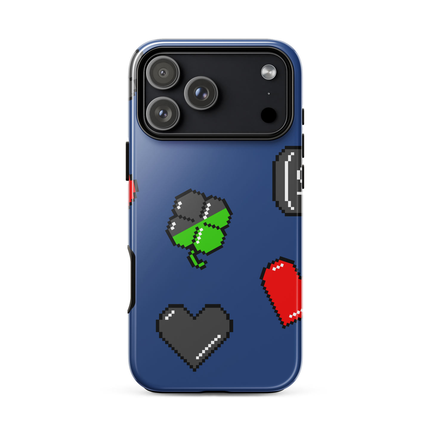 A repeating pattern made of 8-bit video game icons like hearts, four-leaf clovers, and coins. A nostalgic pixel art design inspired by classic games and retro digital culture.
