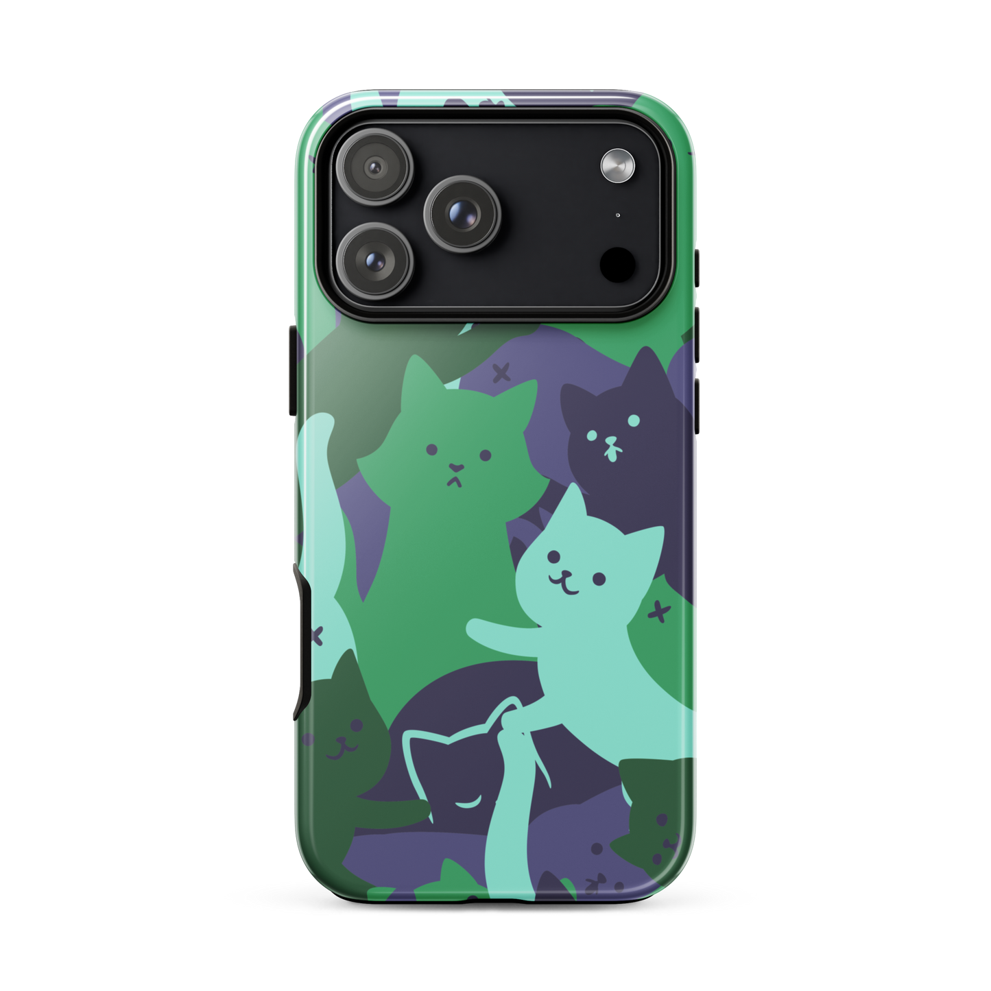 A playful pattern featuring multiple kittens in shades of green and blue, arranged to create a soft camouflage effect. This design blends cute cats with a modern pattern aesthetic, perfect for fans of fun, stylish, and whimsical art.