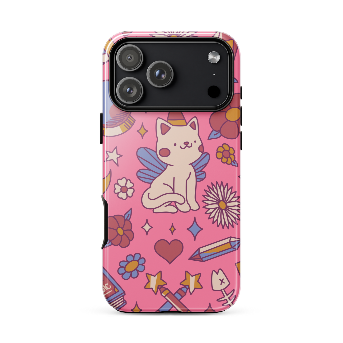 A seamless pattern featuring a magical winged kitten surrounded by crystals, flowers, tarot cards, mushrooms and other mystical elements in soft pastel tones. A playful and whimsical design with a cute, magical vibe.