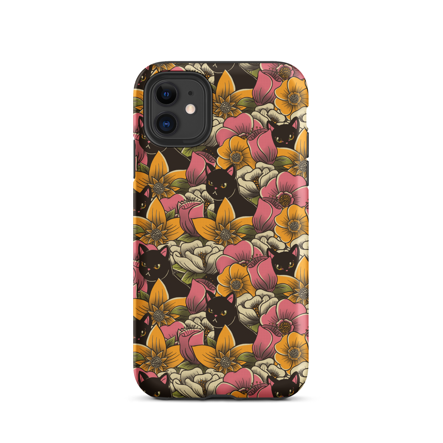 The image features a repeating pattern of colorful flowers in pink, yellow, and cream hues with lush green foliage. Interspersed among the flowers are playful black cats with bright eyes. The design has a whimsical and vibrant feel, ideal for various products like t-shirts, stickers, coffee cups, and skateboards. The style is reminiscent of traditional floral art blended with playful elements of animal decor.