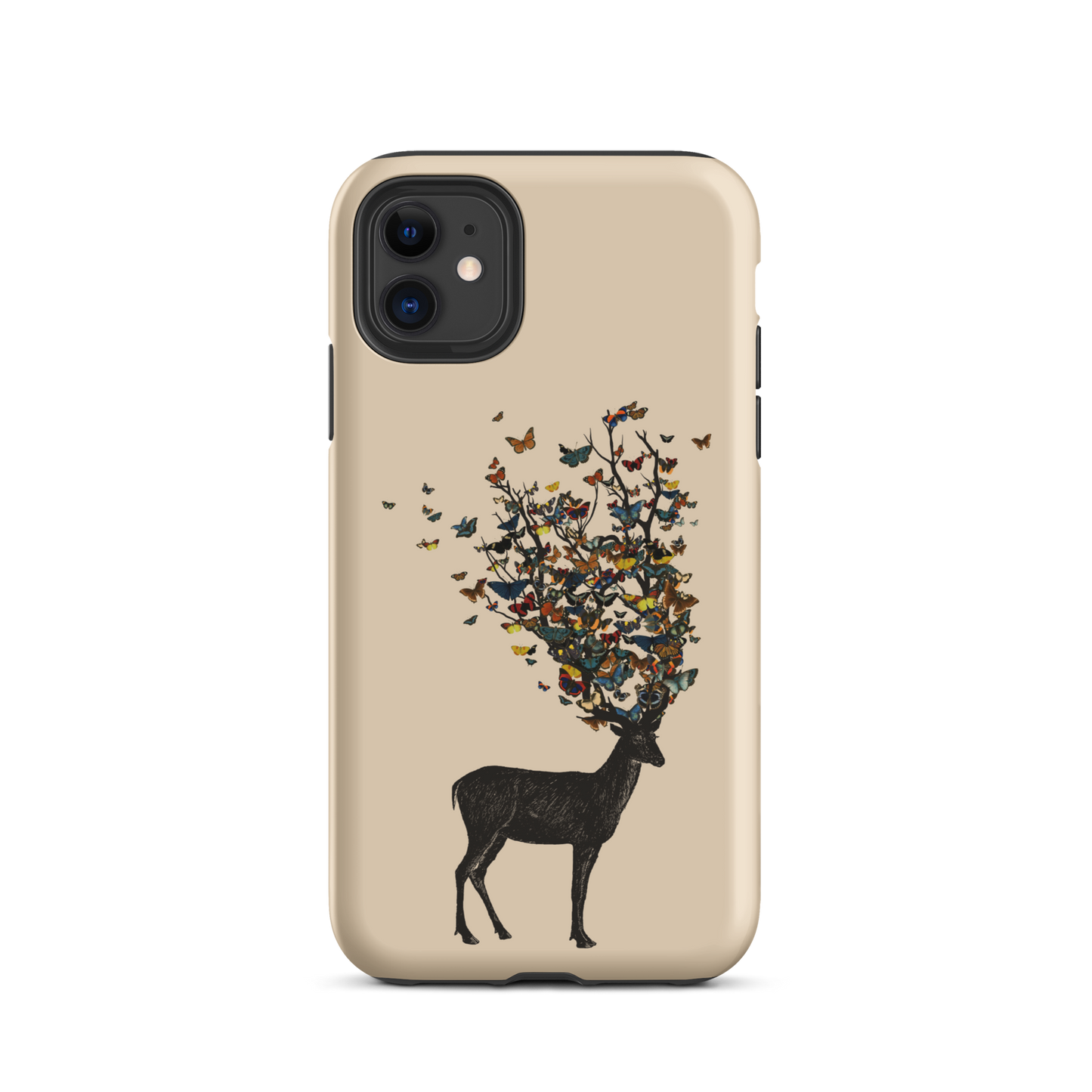 The image depicts a dark, silhouetted deer standing on a neutral background. Instead of branches, its antlers transform into a swirling cloud of vibrant, colorful butterflies that extend upwards and outward. The mix of organic and ethereal elements creates a captivating and whimsical visual contrast.