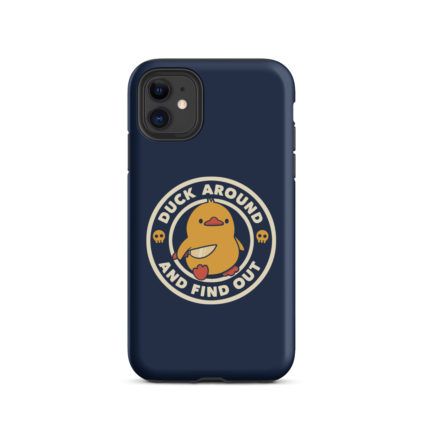 A cute yellow duck holding a small knife, around it the text "Duck Around And Find Out". An art that mixes humor with the temperament of ducks.