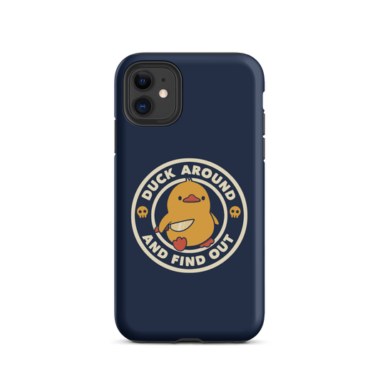 A cute yellow duck holding a small knife, around it the text "Duck Around And Find Out". An art that mixes humor with the temperament of ducks.