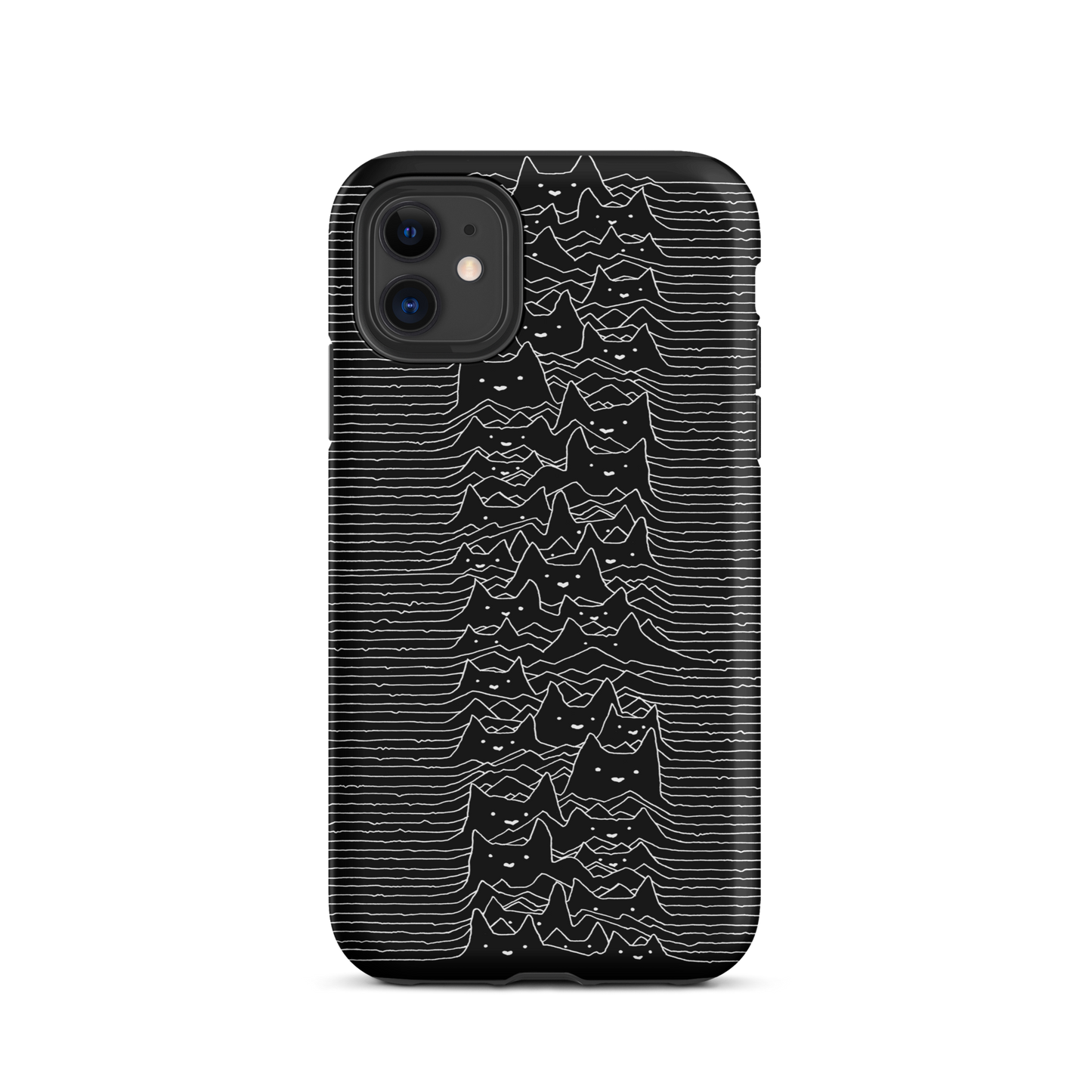 The drawing is a series of continuous wavy lines forming a pattern reminiscent of sound waves or topographic maps, but with an unexpected twist: the lines create the shapes of numerous cat faces stacked vertically. Each cat has simple, expressive features with pointed ears, adding a whimsical element to the otherwise structured pattern.