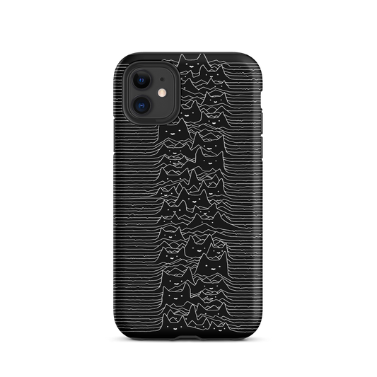 The drawing is a series of continuous wavy lines forming a pattern reminiscent of sound waves or topographic maps, but with an unexpected twist: the lines create the shapes of numerous cat faces stacked vertically. Each cat has simple, expressive features with pointed ears, adding a whimsical element to the otherwise structured pattern.