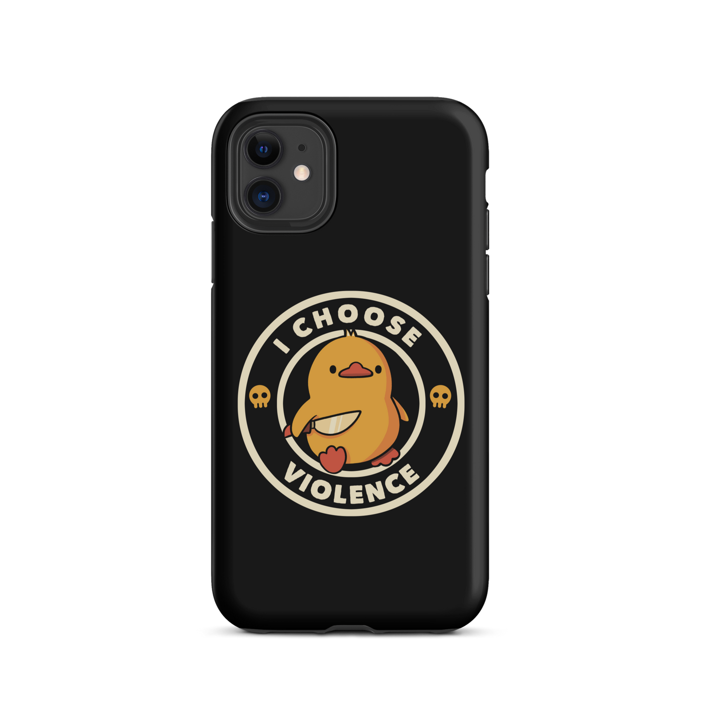 A cute, cartoon-style yellow duckling stands confidently holding a large knife in its wing. The duckling is encircled by text saying 'I CHOOSE VIOLENCE' in bold white letters. Small skull symbols flank the chick on either side, adding a touch of humor and irony to the otherwise adorable drawing.