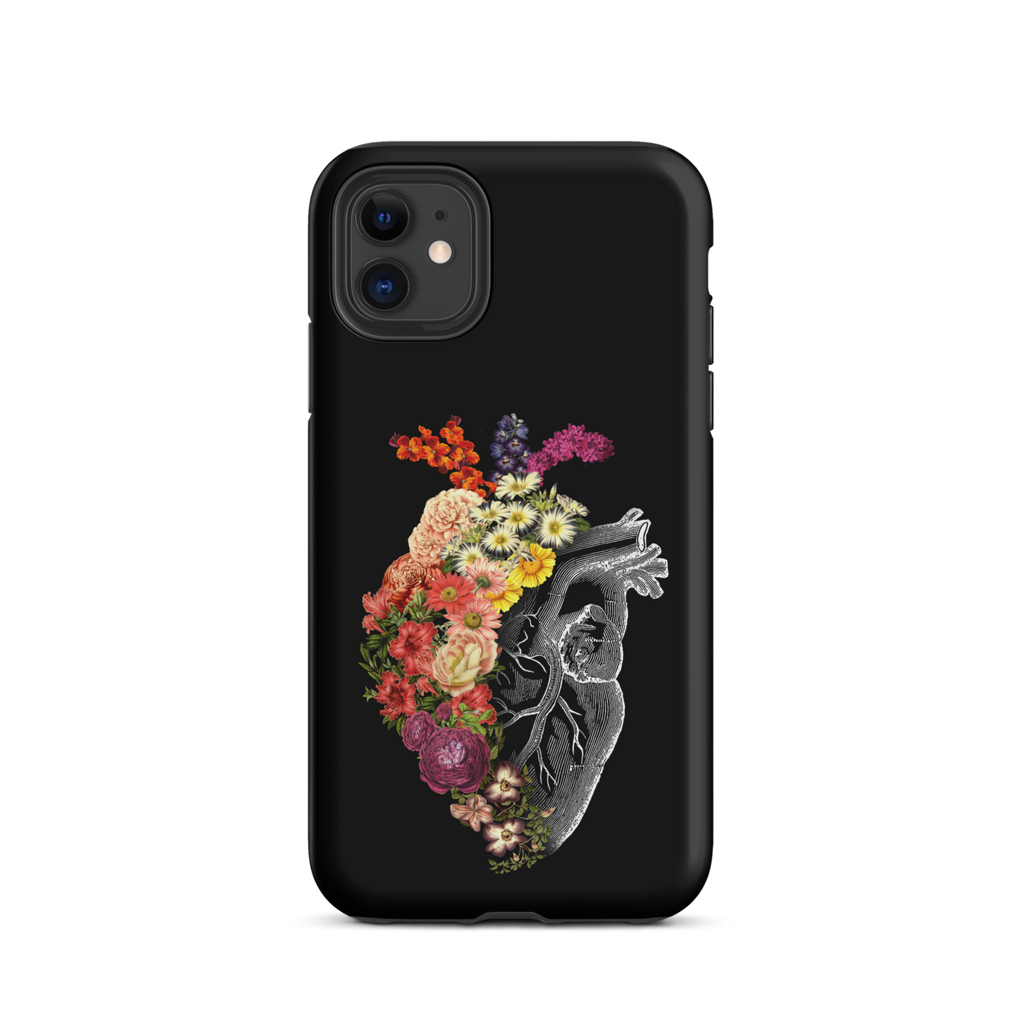 The design is an intricate and anatomical drawing of a human heart on a black background. The left side of the heart morphs into a vibrant assortment of colorful flowers, including roses, daisies, and other blooming blossoms, creating a striking contrast between the realistic and the surreal, symbolizing the harmony between nature and humanity.