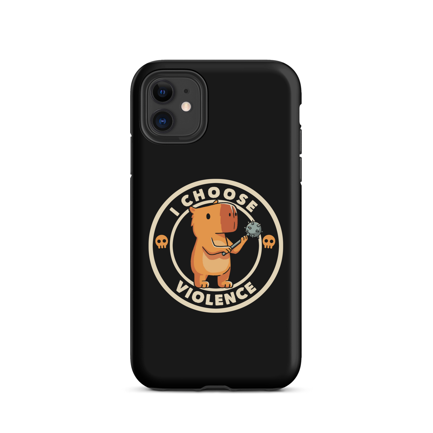 A cute, cartoonish burnt yellow capybara stands holding a spiked mace with a determined expression. Surrounding it is a circular design with the text 'I CHOOSE VIOLENCE' and two small skulls on either side, giving it a humorous yet ironic tone.