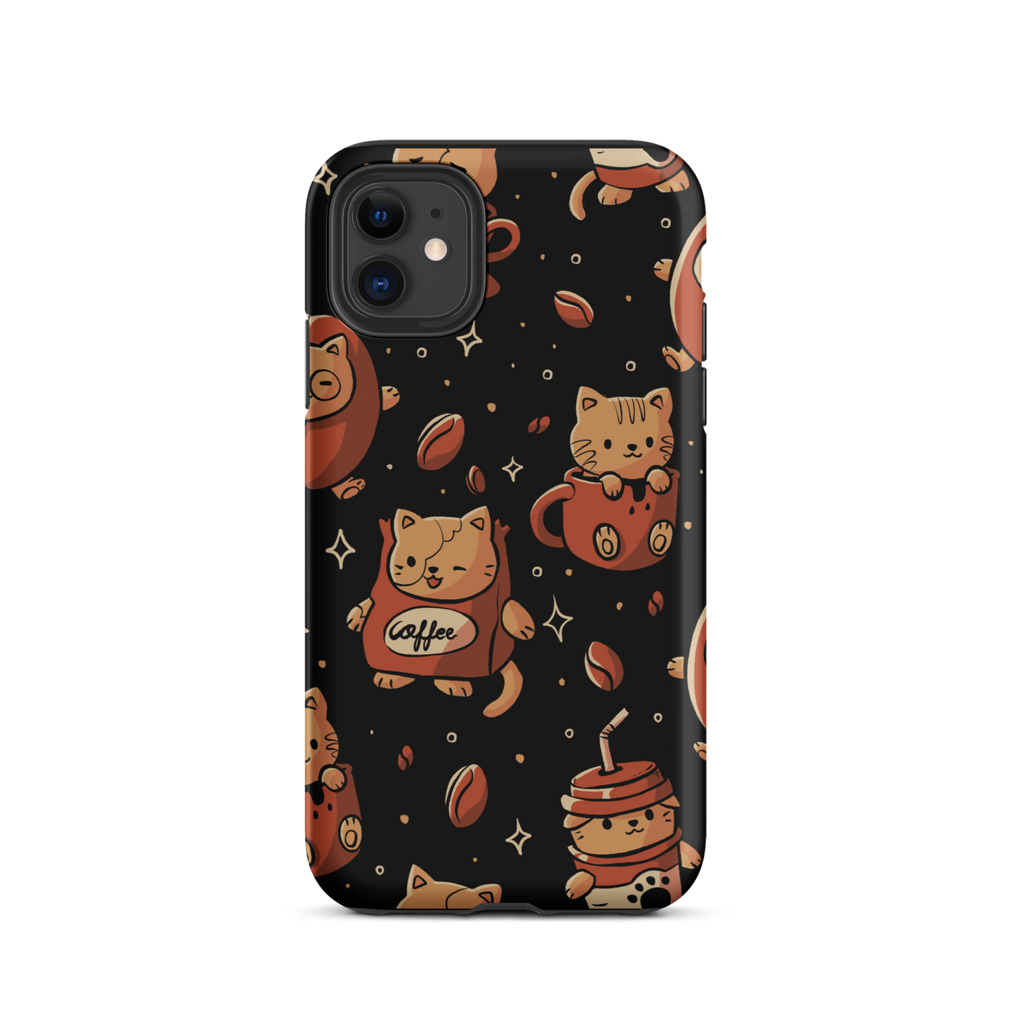 A pattern featuring several cute kittens appears in different coffee-themed versions: inside cups, as coffee beans, and on playful packaging. This artwork combines a love for cats and coffee in a charming and humorous composition. Perfect for cat lovers, coffee lovers, baristas, and anyone who enjoys cute and cozy designs.