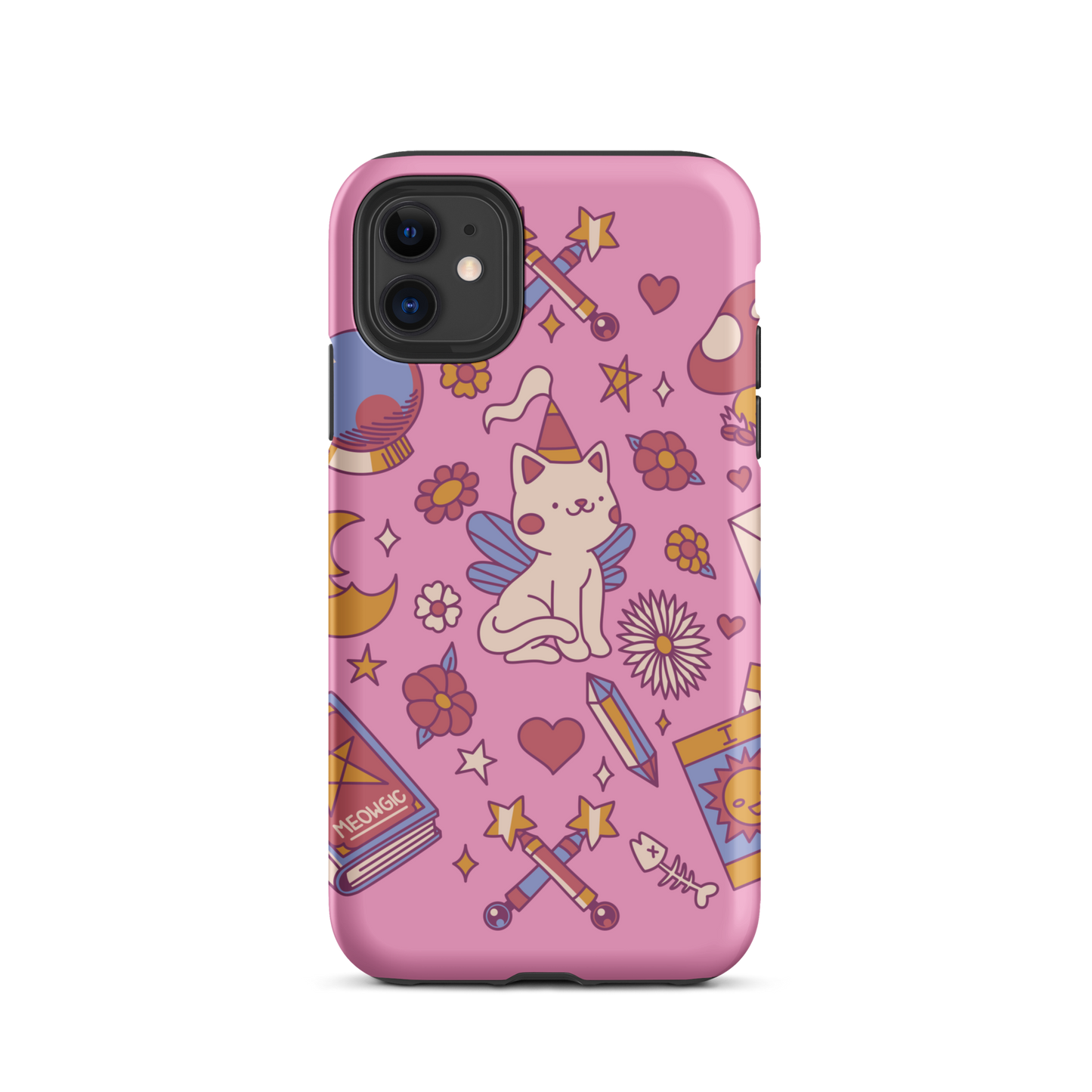 The artwork depicts a magical kitten with wings and a little hat, surrounded by crystals, flowers, tarot cards, mushrooms, and mystical elements in pastel shades. The design blends cute fantasy with colorful witchy aesthetics, creating an enchanting, lighthearted composition full of fun details. Perfect for lovers of cute mysticism, tarot, magical cats, and anyone who enjoys colorful prints with a magical vibe.