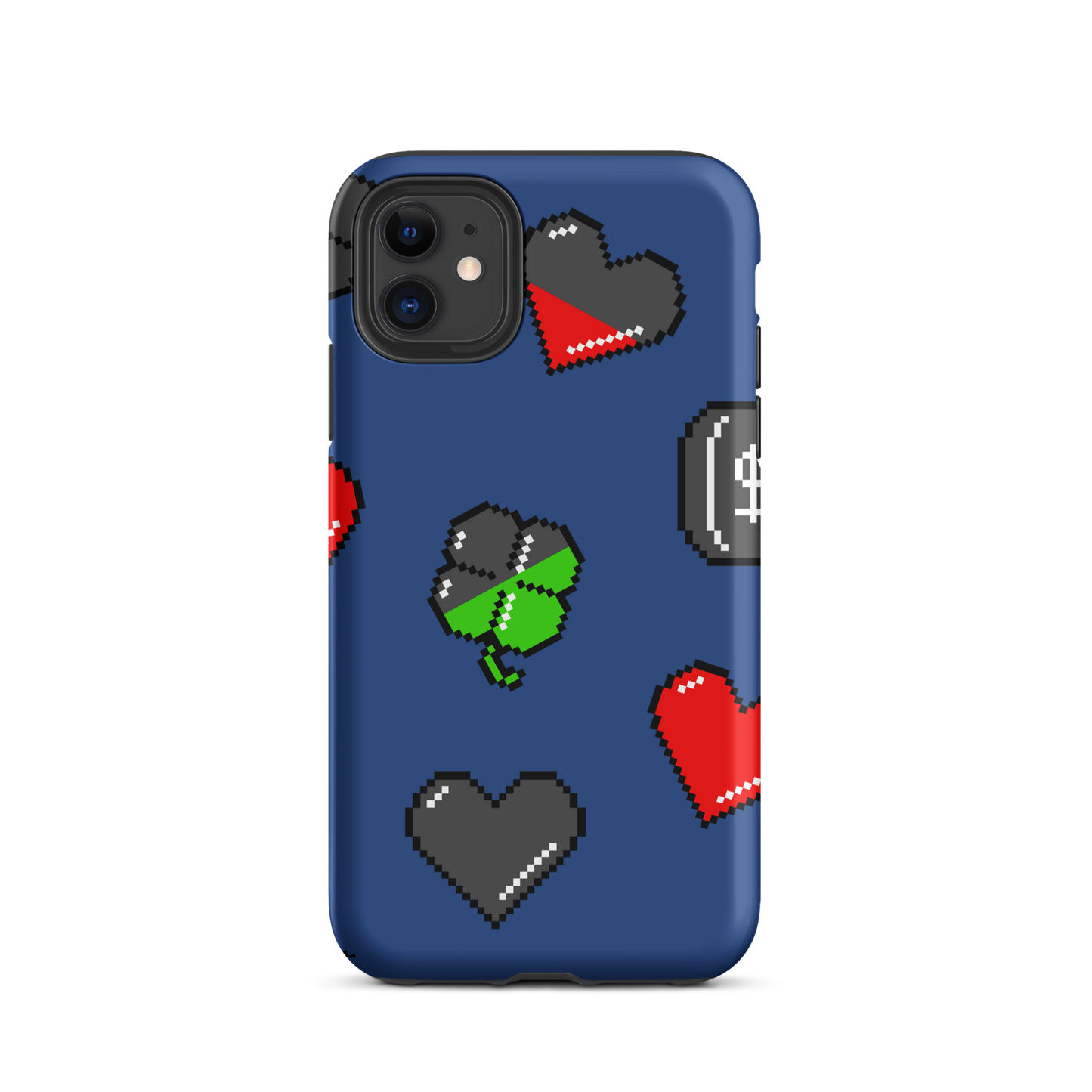 A repeating pattern made of 8-bit video game icons like hearts, four-leaf clovers, and coins. A nostalgic pixel art design inspired by classic games and retro digital culture.