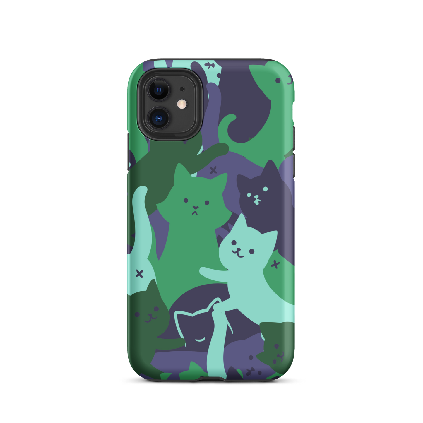 A playful pattern featuring multiple kittens in shades of green and blue, arranged to create a soft camouflage effect. This design blends cute cats with a modern pattern aesthetic, perfect for fans of fun, stylish, and whimsical art.