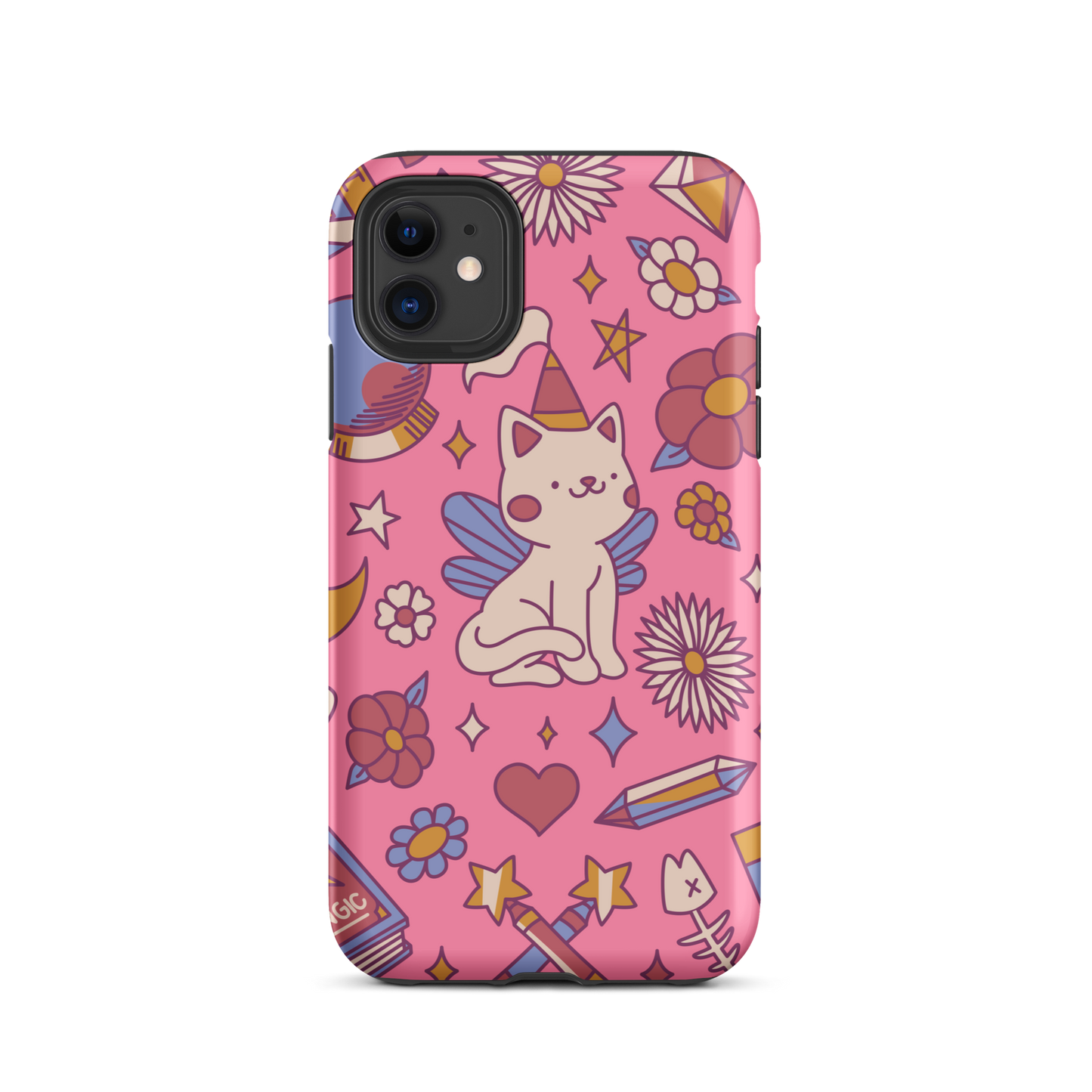 A seamless pattern featuring a magical winged kitten surrounded by crystals, flowers, tarot cards, mushrooms and other mystical elements in soft pastel tones. A playful and whimsical design with a cute, magical vibe.
