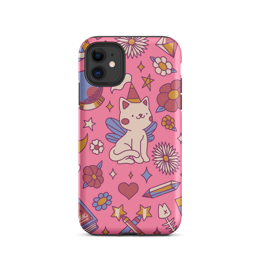 A seamless pattern featuring a magical winged kitten surrounded by crystals, flowers, tarot cards, mushrooms and other mystical elements in soft pastel tones. A playful and whimsical design with a cute, magical vibe.