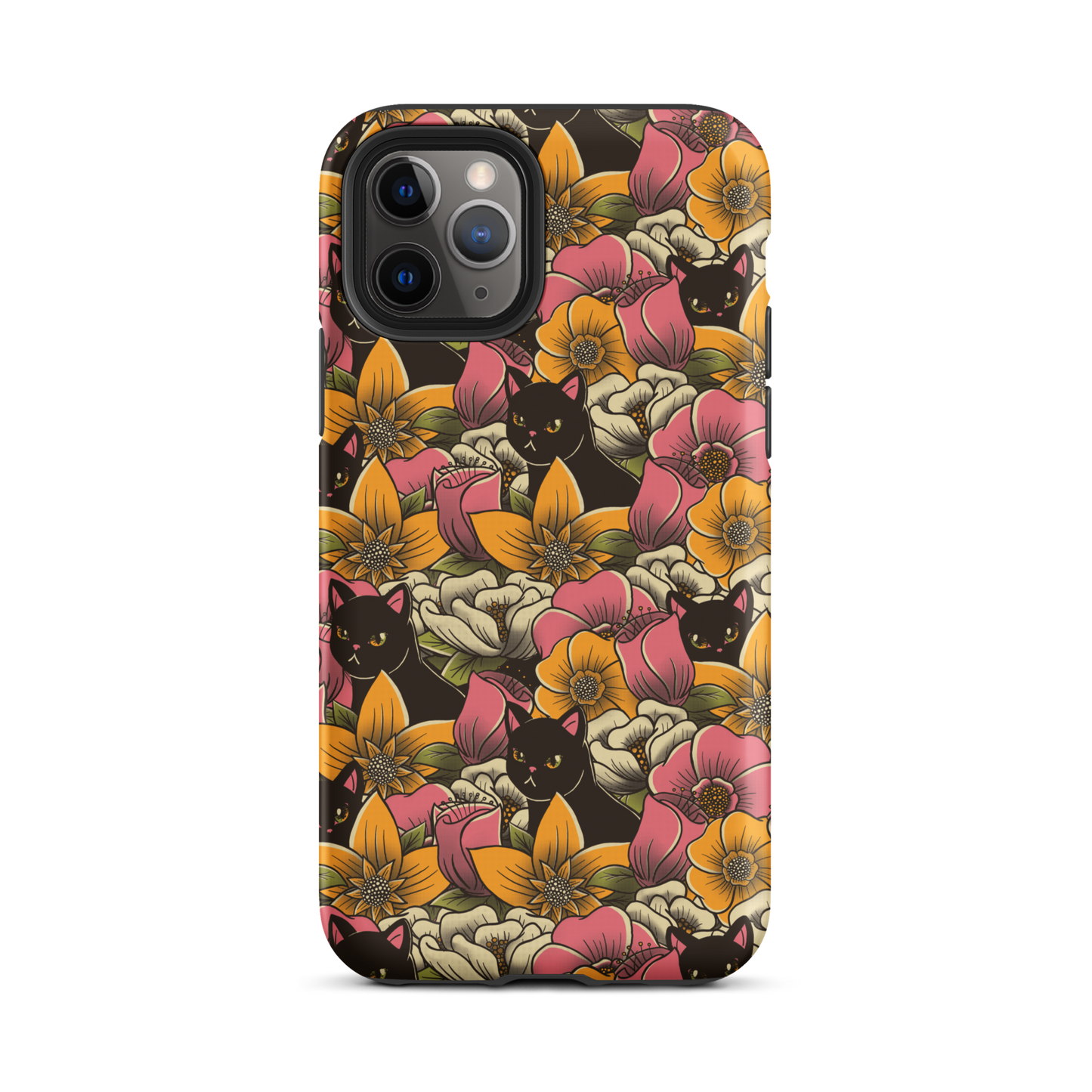 The image features a repeating pattern of colorful flowers in pink, yellow, and cream hues with lush green foliage. Interspersed among the flowers are playful black cats with bright eyes. The design has a whimsical and vibrant feel, ideal for various products like t-shirts, stickers, coffee cups, and skateboards. The style is reminiscent of traditional floral art blended with playful elements of animal decor.